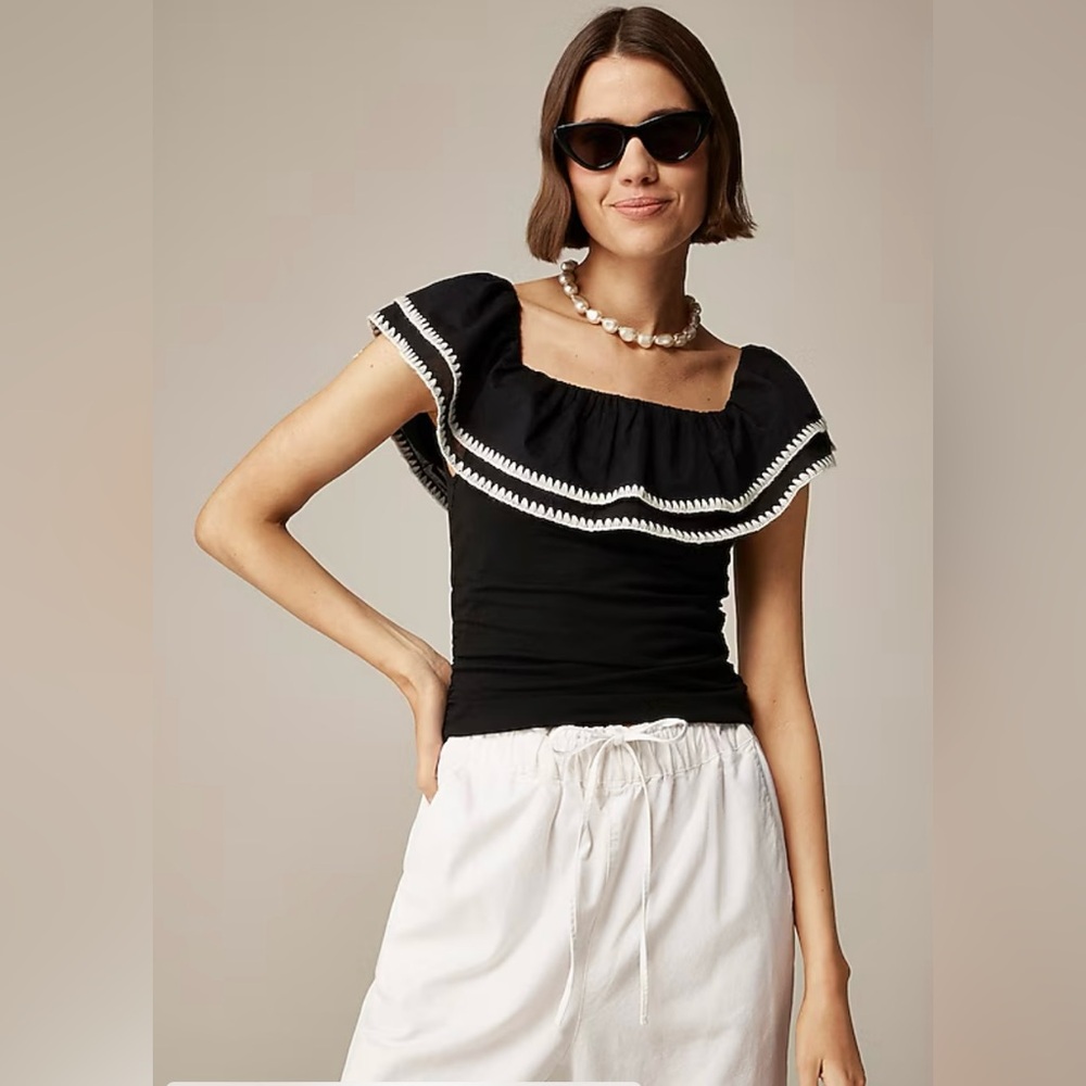 J. Crew Off-the-Shoulder Black Ruffle Top in Stretch Cotton